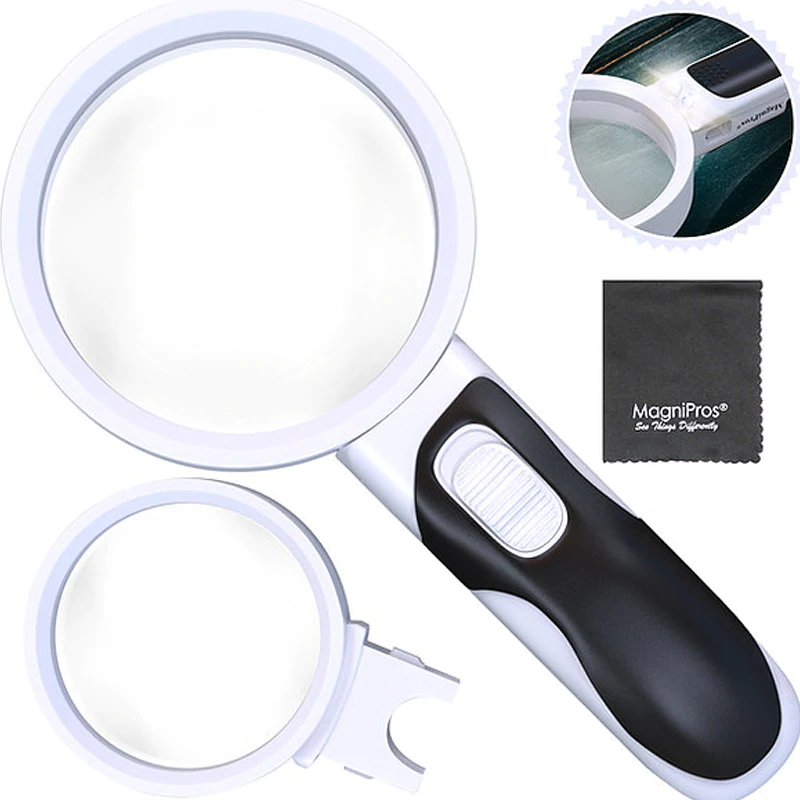 Magnipros Magnifying Glass with LED Lights & 10X+5X Illuminated 2 Lens Set